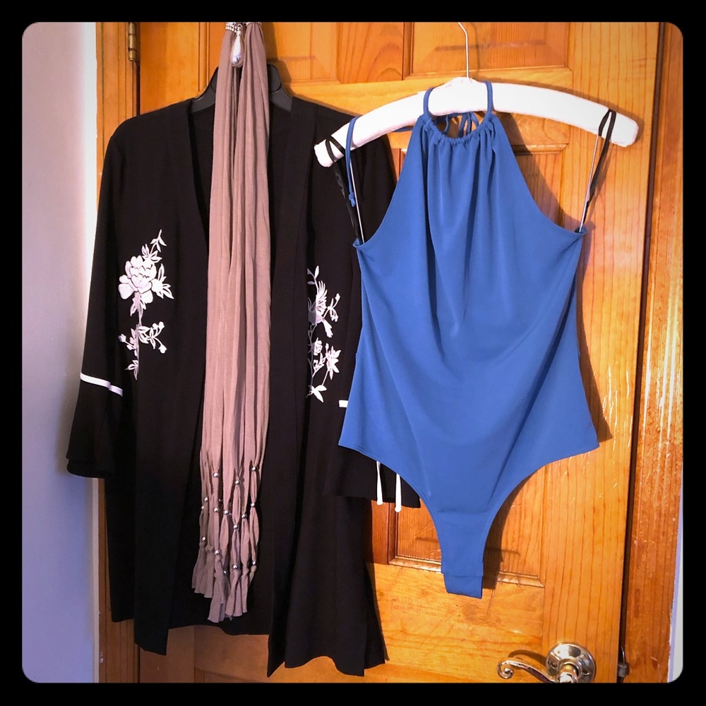NEW BCBG SEXY HALTER TOP BODY SUIT WITH STRAPPY BACK IN BRILLIANT BLUE - Picture 3 of 16